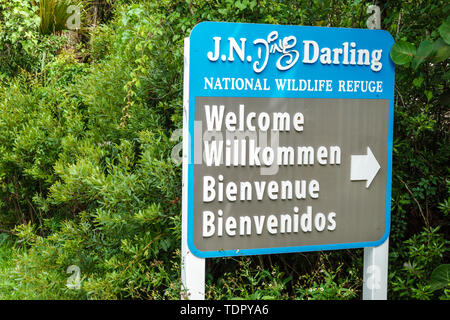 Sanibel Island Florida, J.N. Ding Darling National Wildlife Refuge, al Conservation, cartello d'ingresso di benvenuto, multilingue, inglese francese tedesco Foto Stock