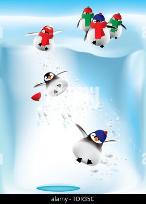 Baby pinguini giocando sulla neve in collina Illustrazione Vettoriale