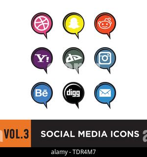 Social media icon set con lo stile comico discorso bolla Illustrazione Vettoriale
