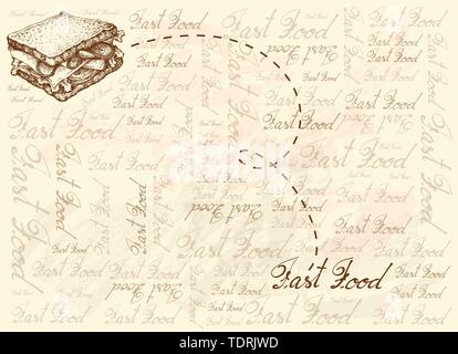 Illustrazione disegnata a mano lo schizzo di deliziosi piatti fatti in casa il prosciutto fresco panino con prosciutto, pomodori, lattuga e formaggio su sfondo marrone. Illustrazione Vettoriale