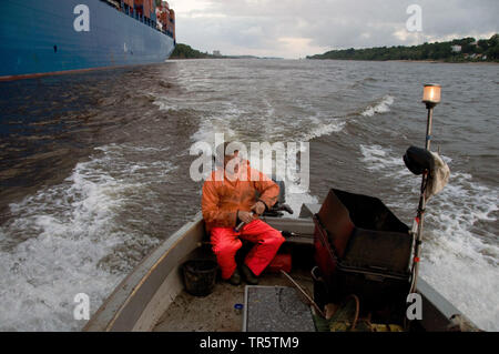 Fischerman in una barca da pesca sul fiume Elba, Germania, Elba, Amburgo Foto Stock