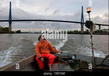 Fischerman in una barca da pesca sul fiume Elba, Koehlbrand ponte in background, Germania, Elba, Amburgo Foto Stock