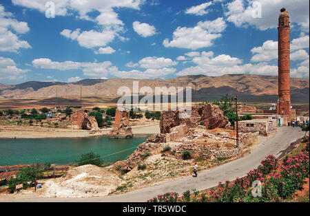 Hasankeyf sul fiume Tigri con ponte distrutto e minareto, città sarà allagato dalla prevista della diga di Ilisu, Anatolia sudorientale Progetto, Turchia, Anatolia, Batman, Hasankeyf Foto Stock