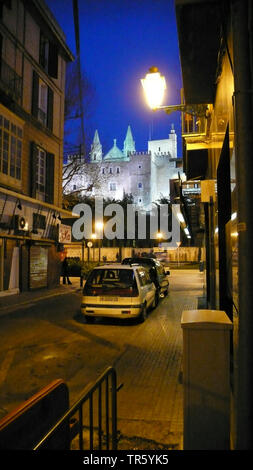 Cattedrale illuminata La Seu in La Palma di notte, Spagna, Balearen, Mallorca, Palma Foto Stock
