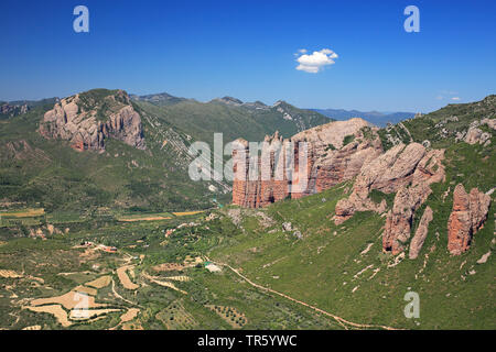 Formazione di roccia Mallos de Riglos, Spagna Aragona, Huesca Foto Stock