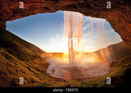 Cascata Seljalandsfoss, in controluce, fiume Seljalandsa, nel sole di sera, Islanda, Sud Islanda, Seljalndsfoss Foto Stock