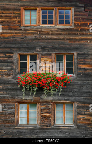 Casa in legno con gerani in fioriere, Svizzera Vallese Foto Stock