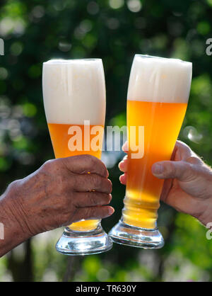 Due uomini alzando i bicchieri di birra di frumento, Germania, Baden-Wuerttenberg Foto Stock