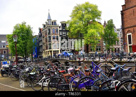 Biciclette a Grimburgwal presso l'università nella città di Amsterdam, Paesi Bassi, Paesi Bassi del Nord, Amsterdam Foto Stock