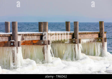 Forma weirdly ciliegina su un ponte di atterraggio dopo la tempesta di neve, in Germania, in Baviera, il Lago Chiemsee Foto Stock