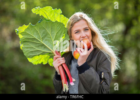 Rabarbaro (Rheum rhabarbarum), giovane donna bionda con freschi raccolti rabarbaro mordere con piacere in un apple, Germania Foto Stock