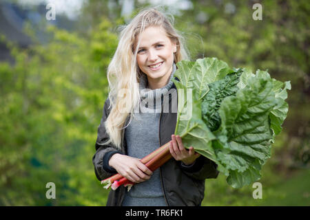 Rabarbaro (Rheum rhabarbarum), giovane donna bionda con freschi raccolti rabarbaro , Germania Foto Stock