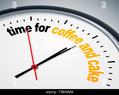 Orologio con iscrizione il tempo per un caffè e una fetta di torta Foto Stock
