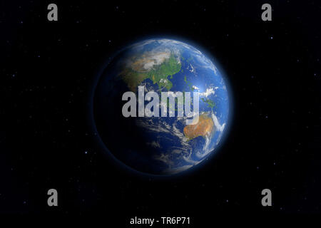 Vista della Terra dallo spazio profondo, Asia e Australia, mondi virtuali alla computer grafica Foto Stock