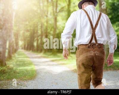 Uomo in Baviera abbigliamento tradizionale a piedi su un sentiero di bosco, in Germania, in Baviera Foto Stock