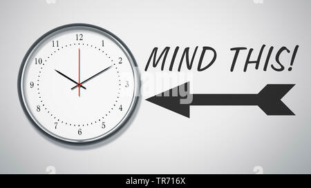 La computer grafica 3D, la freccia rossa punta verso un orologio lettering mente questo Foto Stock