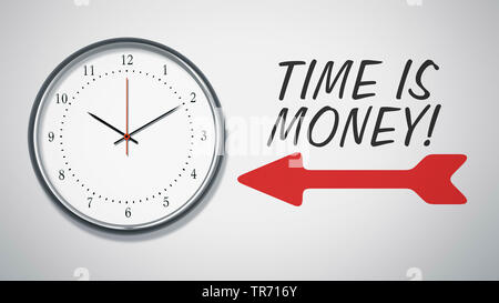 La computer grafica 3D, la freccia rossa punta verso un orologio di scritte IL TEMPO È DENARO Foto Stock
