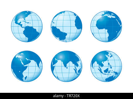 La computer grafica 3D, 6 globi che mostrano differenti viste del continente in sfumature di blu Foto Stock