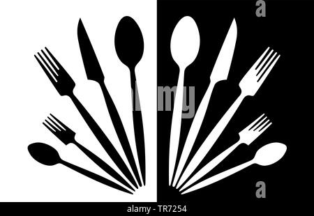 2D alla computer grafica, argenteria simbolico in bianco e nero e colore contro il bianco e lo sfondo nero Foto Stock