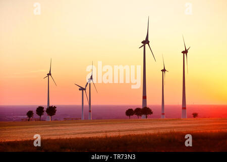 Centrali eoliche al tramonto, in Germania, in Renania settentrionale-Vestfalia, East Westfalia Foto Stock