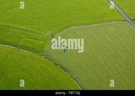 Il trattore ploghing un prato, vista aerea, Paesi Bassi, Paesi Bassi del Nord Foto Stock