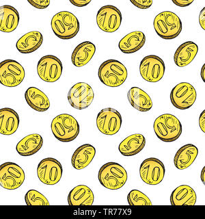 Le monete d'oro varietà caduta, disegnati a mano doodle sketch, perfetta design pattern su sfondo bianco Foto Stock