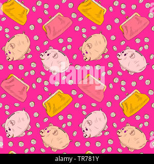 Rosa salvadanaio e stile retrò portamonete con monete doro versare in esso, disegnati a mano doodle sketch, perfetta design pattern su sfondo rosa Foto Stock