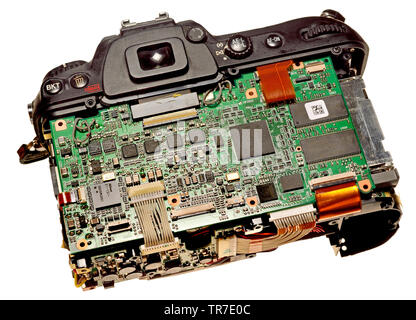 Il funzionamento di una fotocamera digitale (Nikon D200) con il retro rimossa Foto Stock