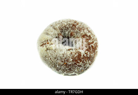 Close up di ciambelle con zucchero bianco e noce di cocco gustoso cioccolato isolato su sfondo bianco Foto Stock