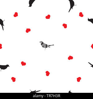 Modello senza giunture piccoli uccelli neri sagome, cuori rossi su sfondo bianco. Il giorno di San Valentino carino merli di amore attinto stampa, ragazza graziosa motif Foto Stock