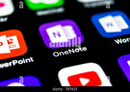 Sankt-Petersburg, Settembre 30, 2018: Microsoft Office OneNote icona applicazione su Apple iPhone schermo X close-up. Microsoft una nota icona app. Micros Foto Stock