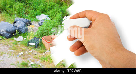 Dumping illegale con bottiglie, scatole e buste di plastica abbandonate in natura - Concetto di immagine con la mano che è la cancellazione. Foto Stock