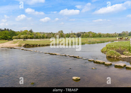 OGMORE DAL MARE, GALLES - Aprile 2019: le pietre miliari attraverso il Fiume Ogwr in Ogmore dal mare nel Galles del Sud Foto Stock