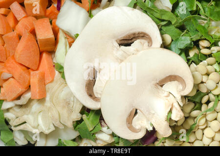 Varie verdure tritate, carota, cavolfiore, lattuga, lenticchie, fungo. Vista superiore Foto Stock