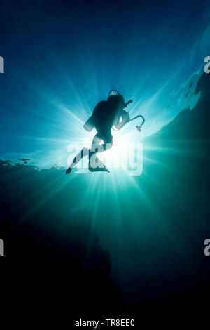 Scuba Diver stagliano Sunburst Foto Stock