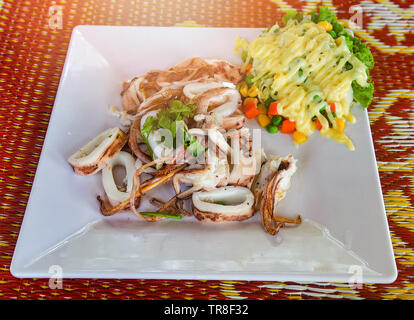 Calamari alla griglia fetta su piastra bianca e mix di verdure crema con insalata di salsa di pesce Foto Stock