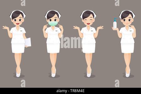 Raccolta di infermiere, Cartoon donna medico o infermiere in divisa bianca su sfondo marrone, illustrazione vettoriale in character design Foto Stock