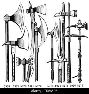 Assi dottrinale: 5968 del XI secolo. 5969 Tedesco, xiv secolo.5970, veneziano del XVI secolo. 5971 Swiss, del XVI secolo. 5972 Inglese. Equitazione 5973 ax, del XVI secolo. No. Esercito 5974-5977 martelli: 5974 Swiss, XV secolo. 5975 Lucerna martello, del secolo XIV, 5976 martello di un leader Ussita, XV secolo. 5977 martello equestre, XVI secolo., , (Enciclopedia, 1893) Foto Stock