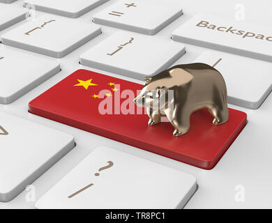 3D render della tastiera del computer con la bandiera della Cina e il tasto orso. Chinese stock exchange diminuire concetto. Foto Stock