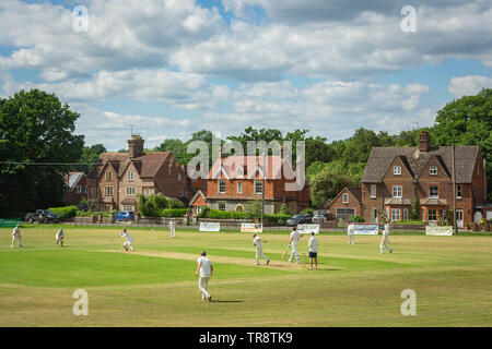 Un tipico villaggio inglese cricket di scena a Chiddingfold Cricket Club nel Sussex, Inghilterra - Giugno 2018. Foto Stock