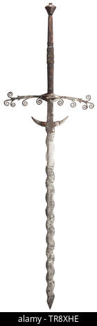 A due mani flamberge, un alta qualità del collettore di riproduzione nello stile del XVI secolo lama ondulata con protezioni downcurved, sopra le protezioni su un lato un inciso lo stemma e la data 1597, dall'altro l'immagine di un guerriero e ornamenti floreali. Ricasso con resti di rivestimento in pelle. Extended cross-guard con volute di ornamenti, simmetrici anelli laterali e le piastre di protezione all'interno. Rivestito in pelle con impugnatura di avvolgimento del filo. Pomo di forma conica con piccole rivettata Terminale per tenda. Lunghezza 176 cm. Replica decorativo, vero per originale. storica, storica, spada, Additional-Rights-Clearance-Info-Not-Available Foto Stock