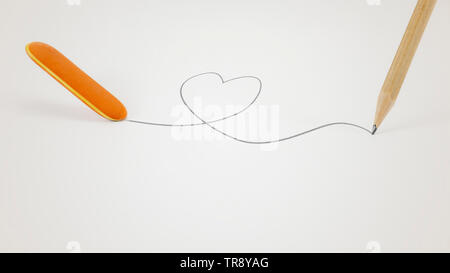 Eliminazione di un cuore. Una gomma elimina un cuore disegnato da una matita. Foto Stock
