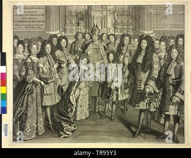 Re di Francia Luigi XIV, il matrimonio di Luigi duca di Borgogna (1682-1712), Delfino di Francia, nella cappella del palazzo di Versailles 1697, in presenza di suo nonno, il re Luigi XIV, contemporanea stab, Additional-Rights-Clearance-Info-Not-Available Foto Stock