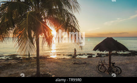 COZUMEL, Messico: spiaggia tramonto, una palma, silhouette di una donna in un bikini e bici sotto il chiosco di paglia Foto Stock