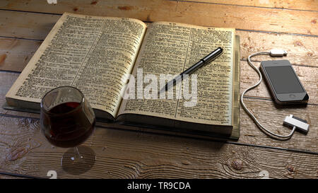 Vino, Prenota, penna, Telefono sul tavolo. Il rendering 3D Foto Stock
