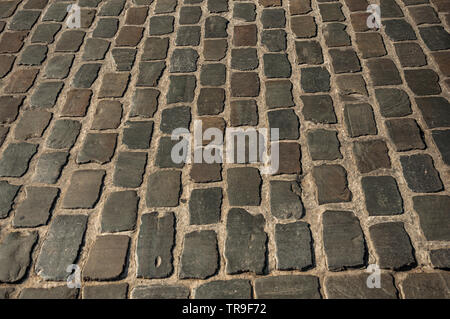 Close-up del marciapiede in pietra al tramonto nel centro città di Gand. Città con una intensa vita culturale e di edifici gotici in Belgio. Foto Stock
