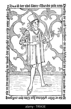 Marco Polo (1254-1324), mercante veneziano, che divenne noto tramite i rapporti del suo viaggio in Cina, raffigurato su una xilografia medievale, , (scienza popolare libro, 1902) Foto Stock