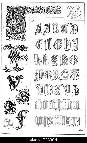 Frattura gotico: primo alfabeto gotico in script di frattura. Dalla tomba di Richard II nella Westminster Abbey. Intorno all'anno 1400. (Shaw). 2.-4. iniziali a partire dal XVI secolo. Museo Plantin ad Anversa. (Ysendyck). 5-8Th iniziali tra il XVI e il XVII secolo. (Raguenet). 9 iniziale. A voi. Götz, Karlsruhe, xix secolo., , FSM (pattern book, ) Foto Stock