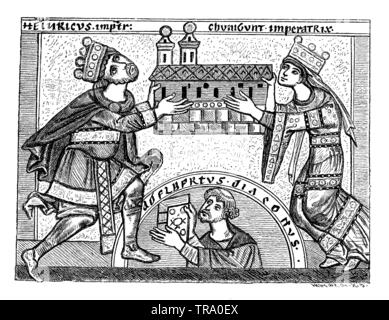 Enrico II e Cunegonda come costruttori della Chiesa. Dal coperchio del codex in Bamberg libreria: "De vita et gestis de S. Heinrici imperiatoris et confessoris'. La mezza figura nell'arcata inferiore introduce il relatore della foto, 'Adelbertus diaconus', al di sotto di lui le parole 'Per me scripta tibi rex est hec pagina libri' - questa pagina del libro è scritto (verniciato) per te, mio re, da me., , Adelbertus (libro di storia, 1899) Foto Stock