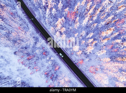 Vista aerea di una vettura sulla strada invernale nella foresta. Paesaggio invernale campagna. La fotografia aerea di boschi innevati con un auto sulla strada. Catturato f Foto Stock